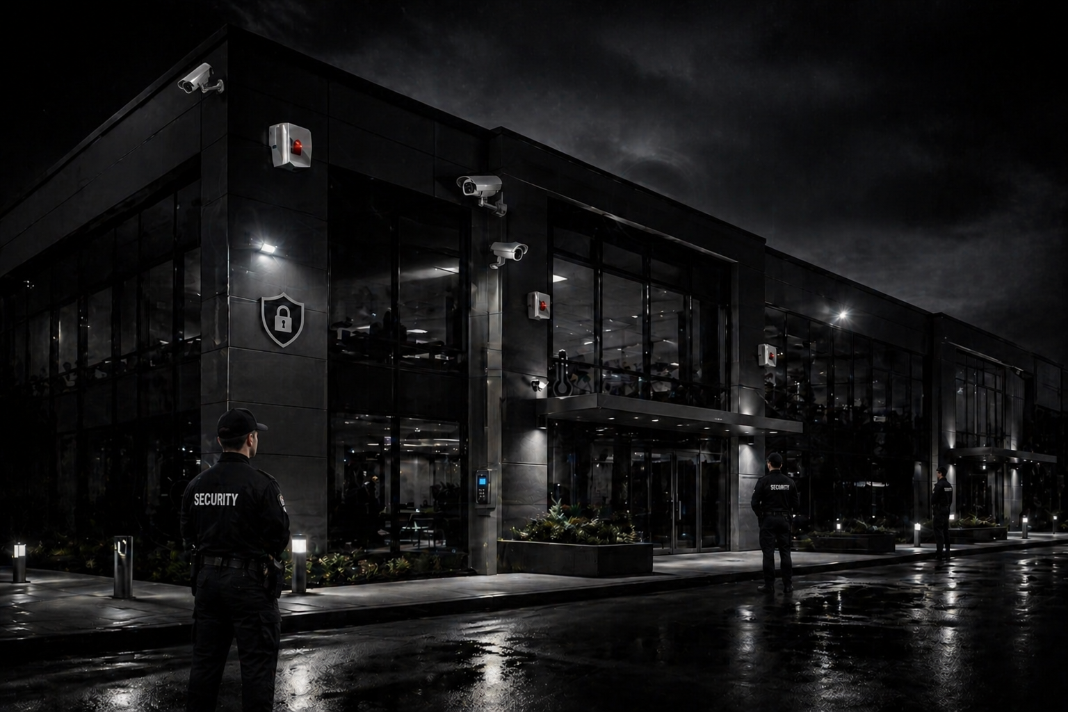 Luxury home exterior with integrated alarm security gates