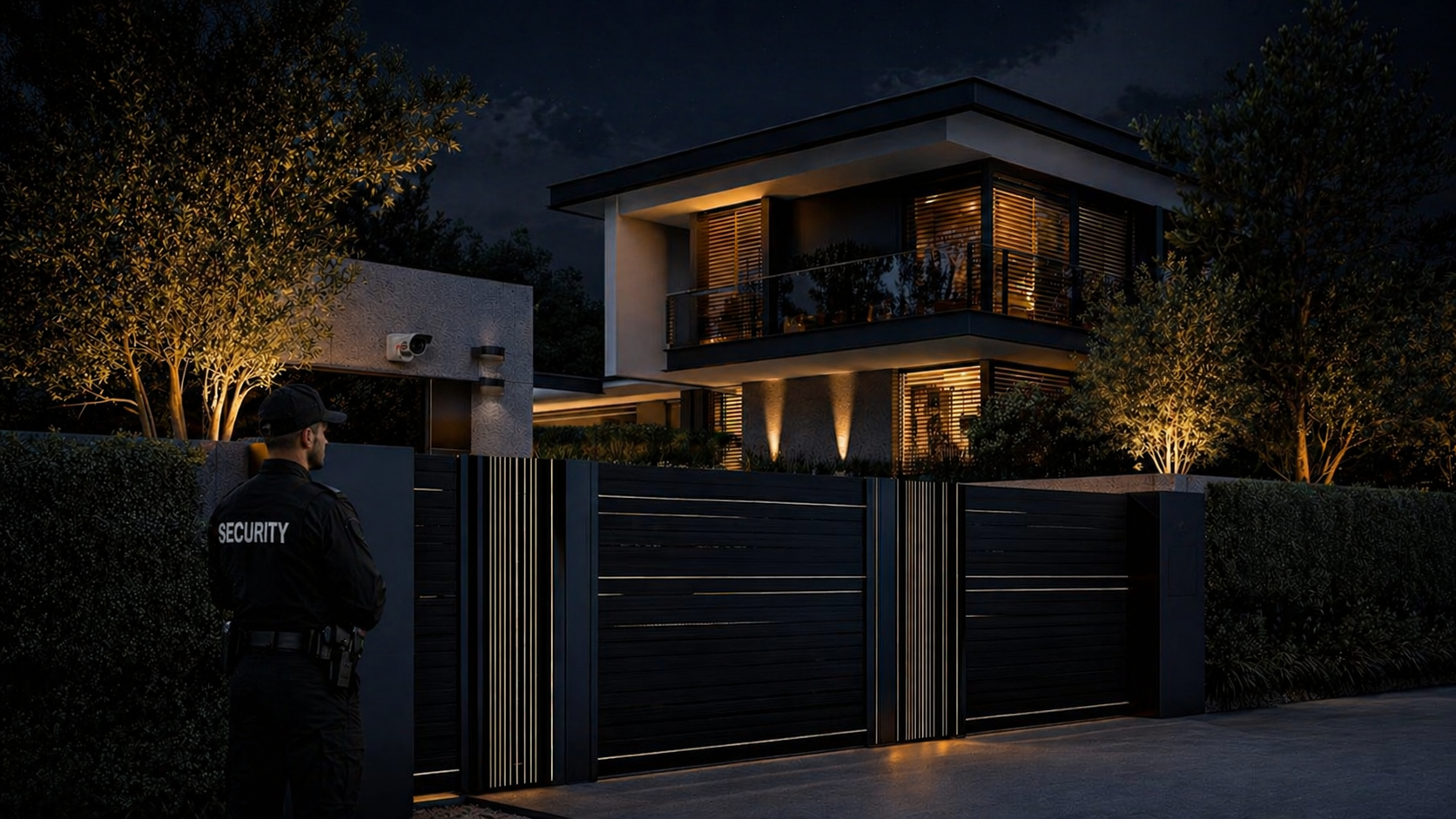 Commercial building with advanced security systems at night